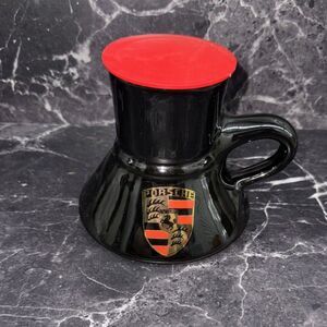 Vintage Porsche Black Coffee Mug Cup w/ Gold Crest Logo Red Interior Germany